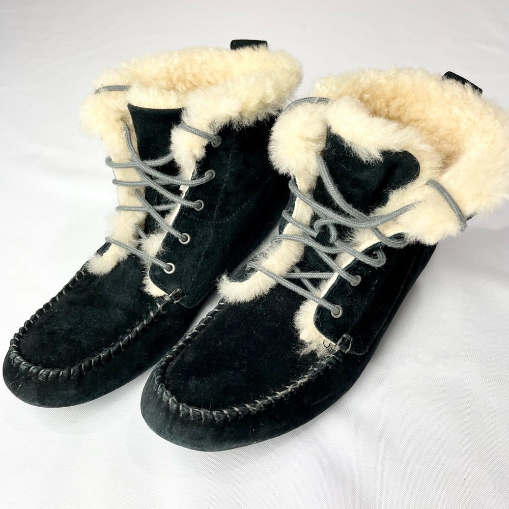 UGG Black Suede Shearling-Lined Lace-Up Ankle Booties